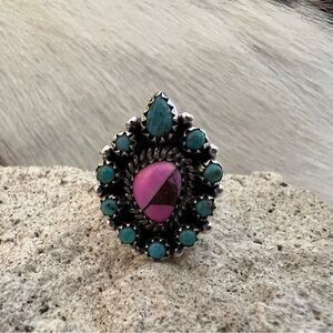 ❤️ Kingman Turquoise Cluster 925 Ring w Cotton Candy Center Adjustable Size 8.9G